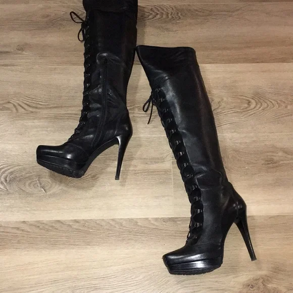 - STUART WEITZMAN BLK OVER THE KNEE SOFT REAL LEATHER LACED TIE UP PLATFOR…